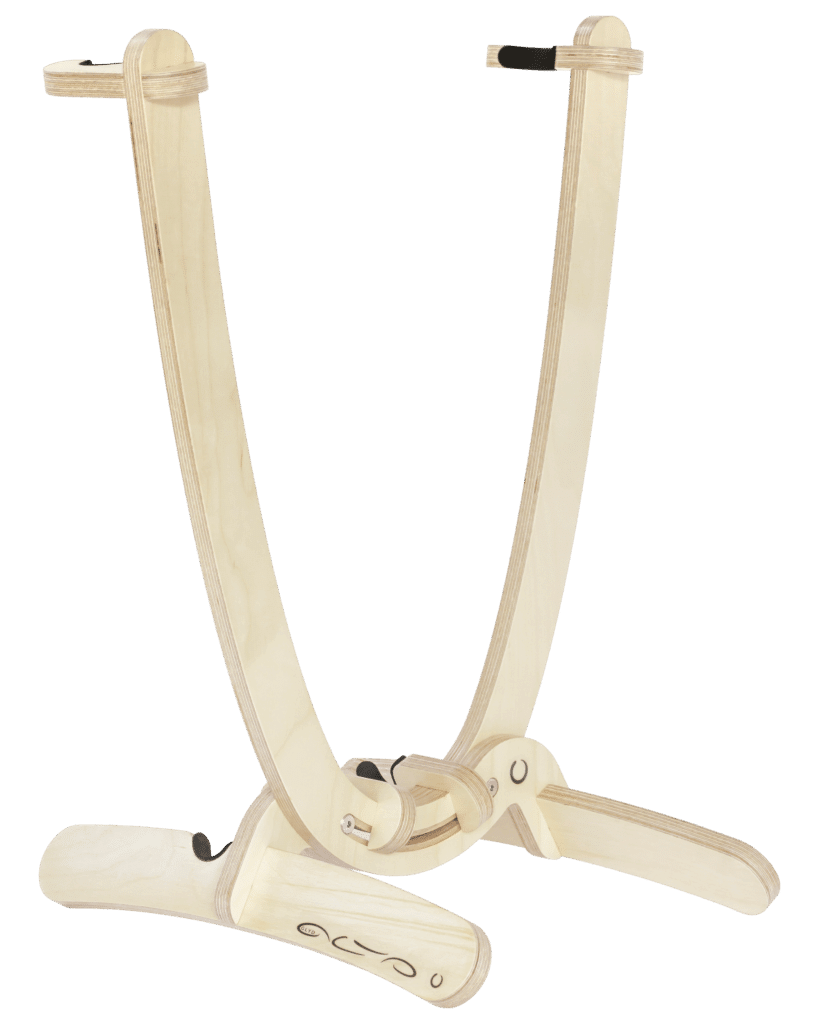 Beautiful clear varnished birchwood curved surfboard rack in the shape of the tail of a surfboard, with hooks to hold the rails and tail and two slightly curved feet connected perpendicular to the upright curved arms. Image is taken with the stand on a 45 degree angle. Transparent background.