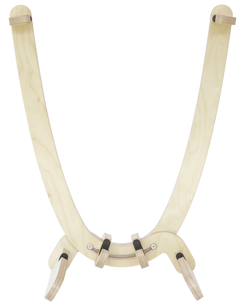 Beautiful clear varnished birchwood curved surfboard rack in the shape of the tail of a surfboard, with hooks to hold the rails and tail and two slightly curved feet connected perpendicular to the upright curved arms. Image is taken from the back of the rack. Transparent background.
