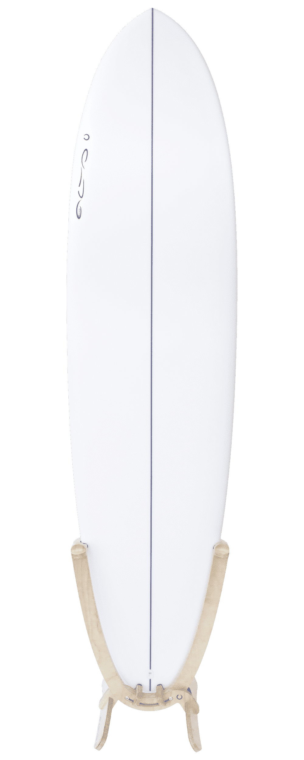 An all white Surfboard with a GLYD O decal on its nose, is mounted in a GLYD O surfboard rack.
The Surfboard Rack is a Beautiful clear varnished birchwood curved single surfboard rack in the shape of the tail of a surfboard, with hooks to hold the rails and tail and two slightly curved feet connected perpendicular to the upright curved arms. Image is taken from the front in relations to the vertical surfboard rack.